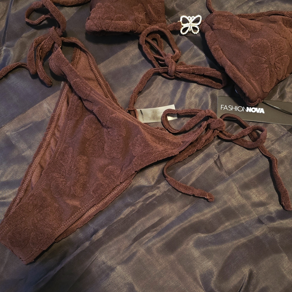 Fashion Nova Brown Floral Textured Velvet Bikini Set
